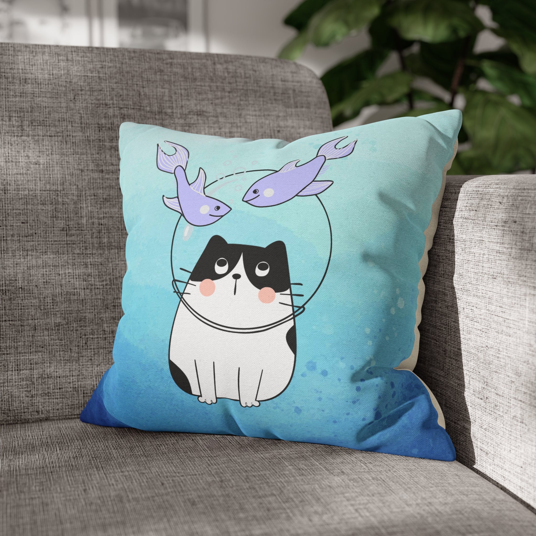 Pisces Lucky Cat: Two-Tone Cushion Pillow Cover - Ocean Melody