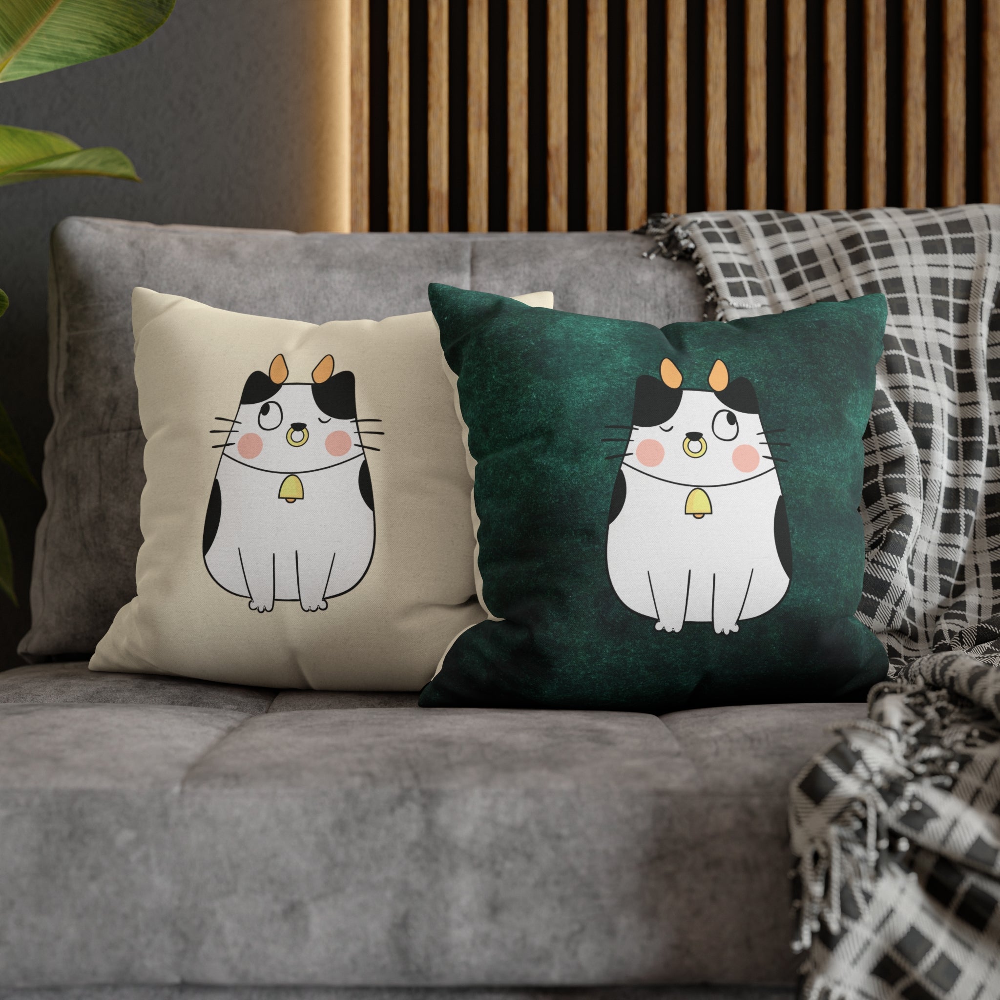 Taurus Lucky Cat : Two-Tone Cushion Pillow Cover - Emerald Forest