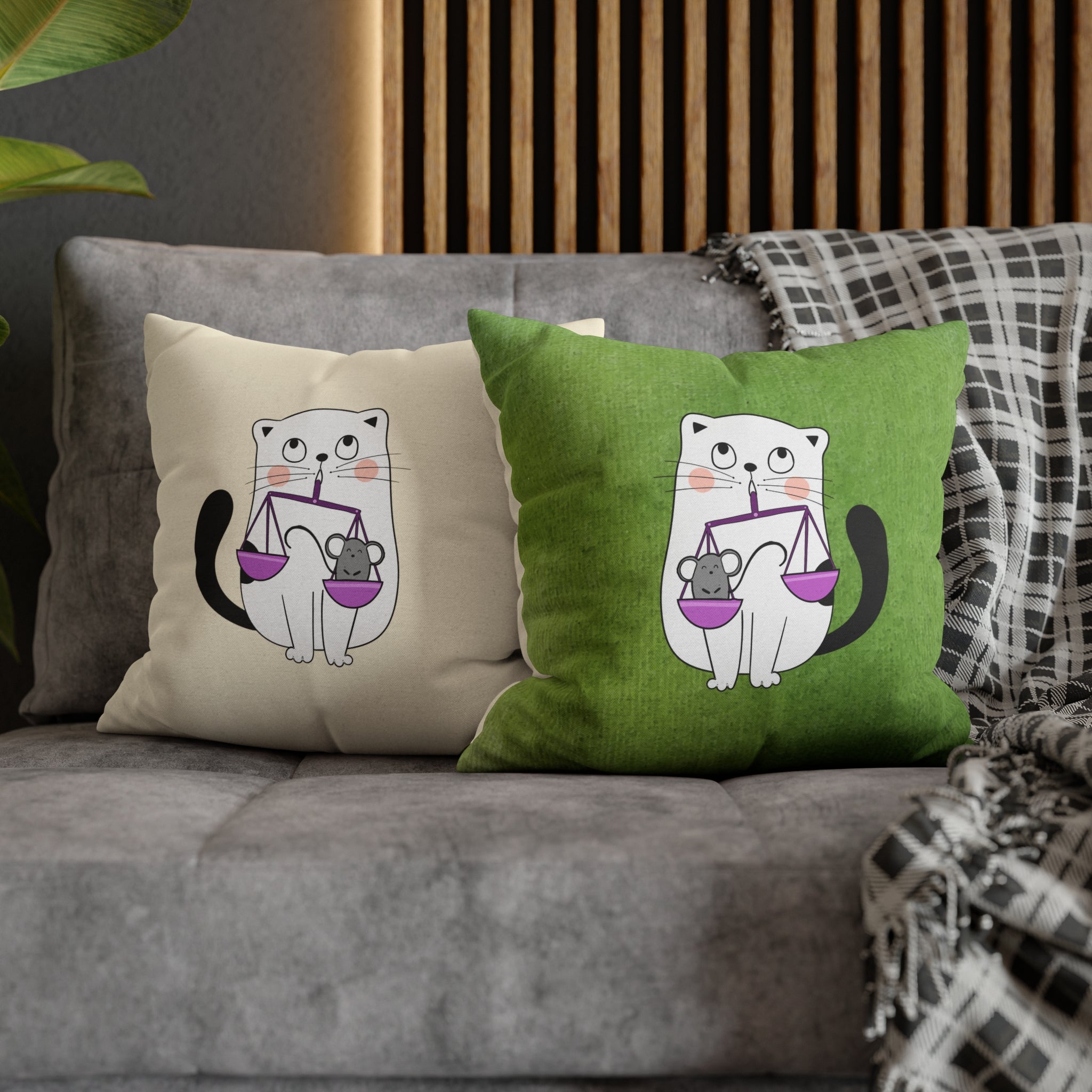 Libra Lucky Cat : Two-Tone Cushion Pillow Cover - Apple Green Meadow