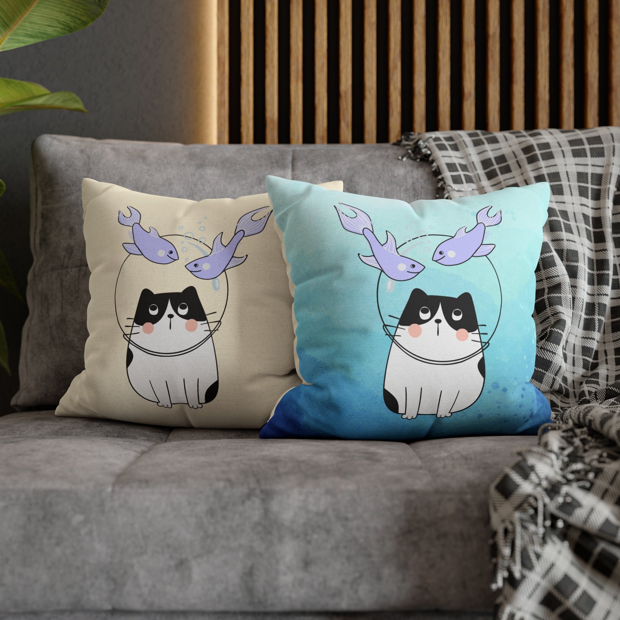 Pisces Lucky Cat: Two-Tone Cushion Pillow Cover - Ocean Melody