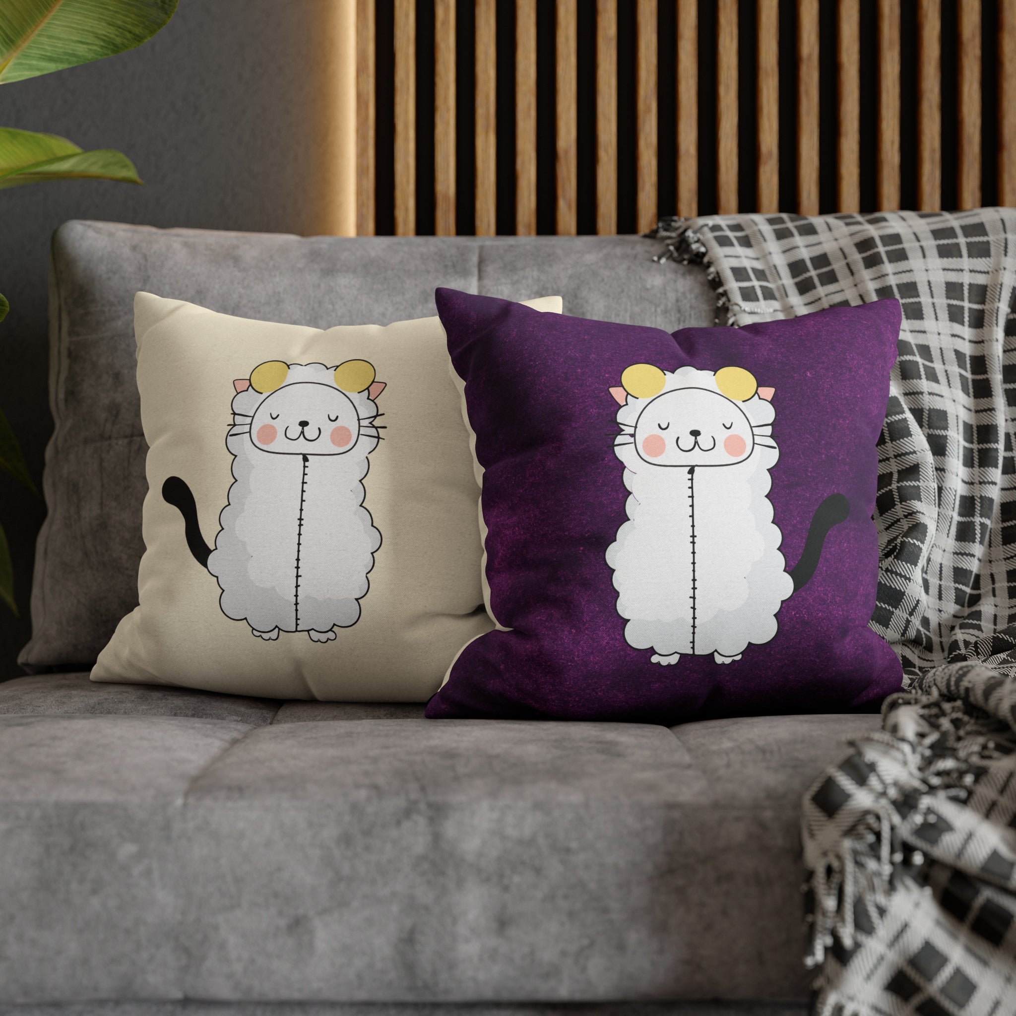 Aries Lucky Cat: Two-Tone Cushion Pillow Cover - Smokey Amethyst