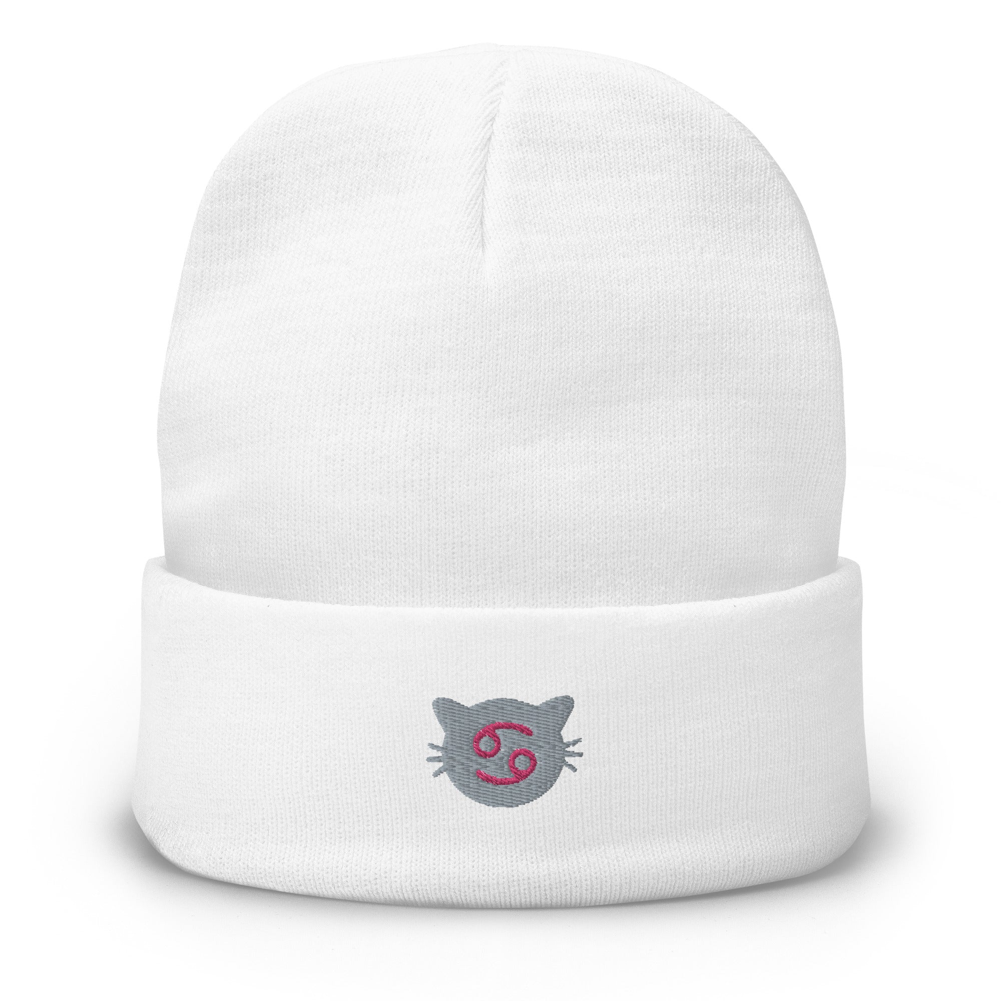 Cancer Lucky Cat: Unisex Embroidered Cuffed Beanie - Cool Silver Grey