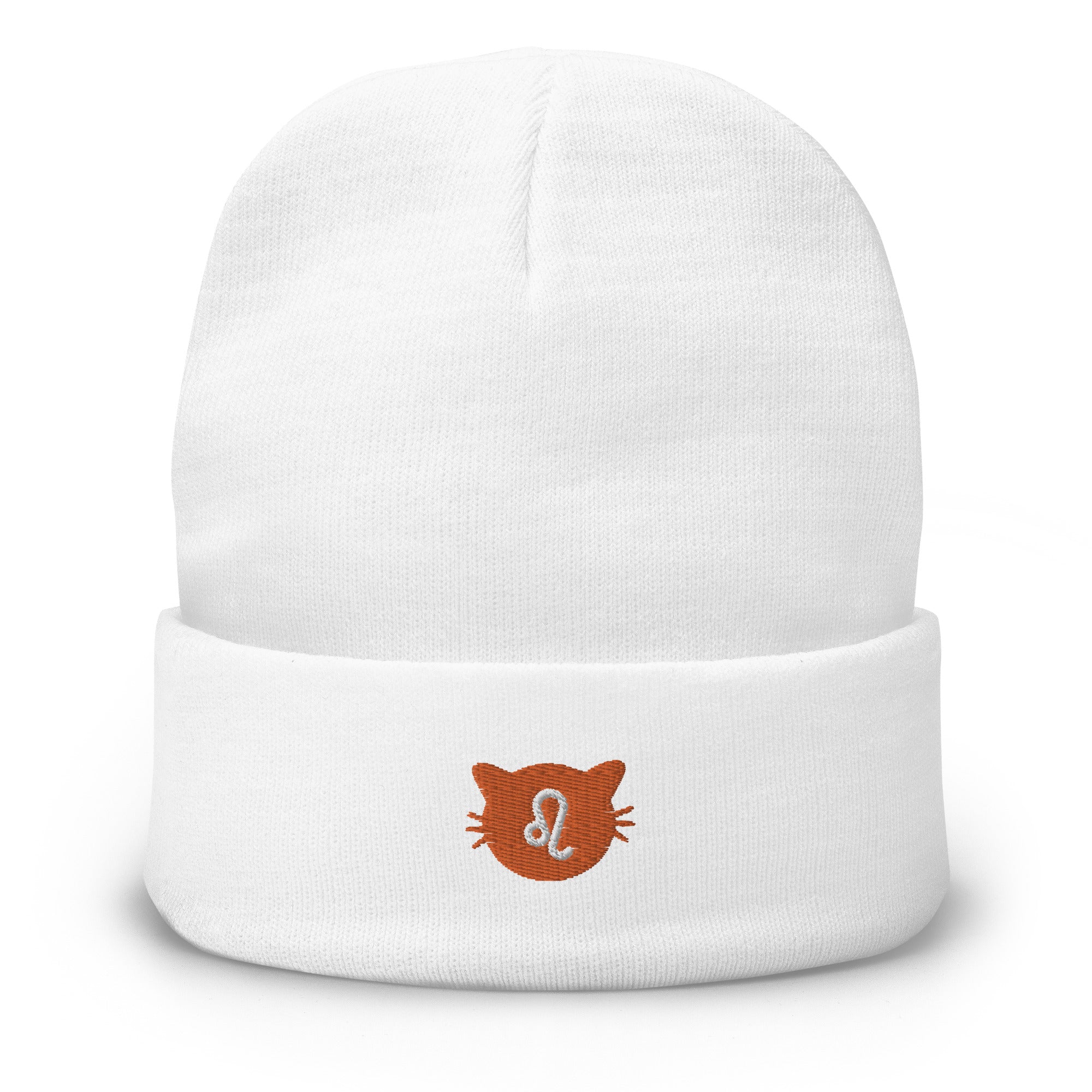 Leo Lucky Cat: Unisex Embroidered Cuffed Beanie - Burnt Orange Carnelian