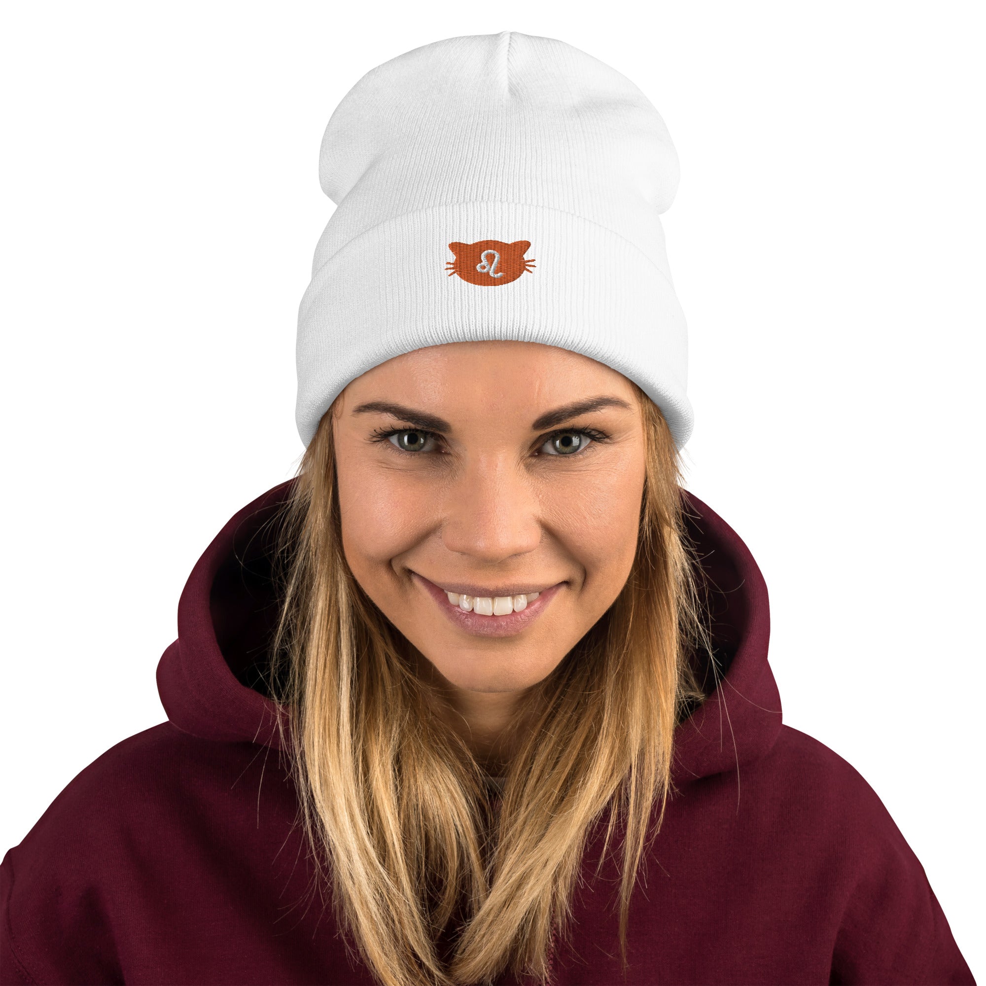 Leo Lucky Cat: Unisex Embroidered Cuffed Beanie - Burnt Orange Carnelian